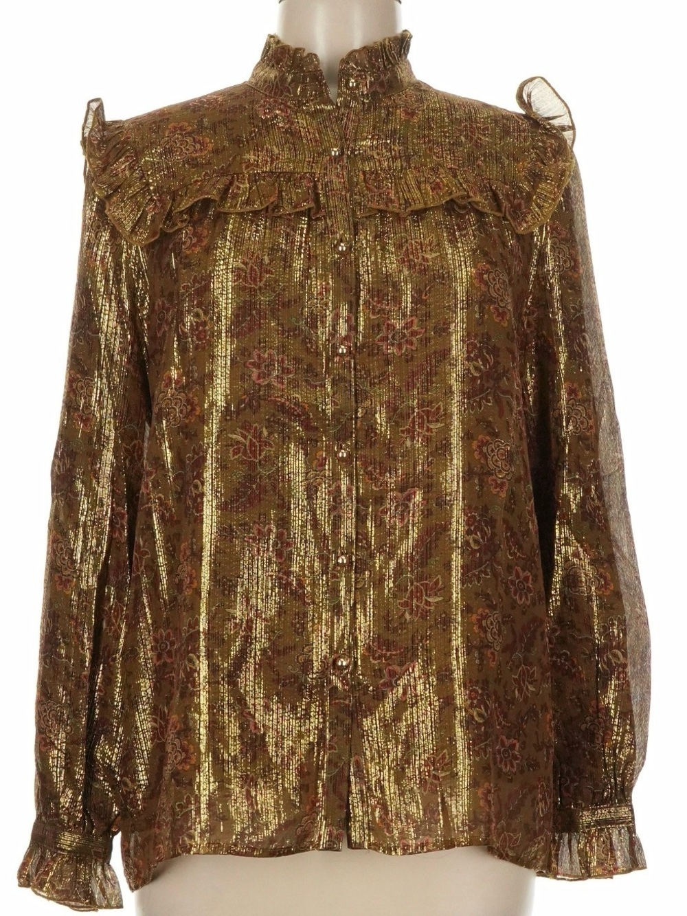 Louise Misha Metallic Olive Gold Floral Ruffle Button-Down Blouse - Picture 3 of 5